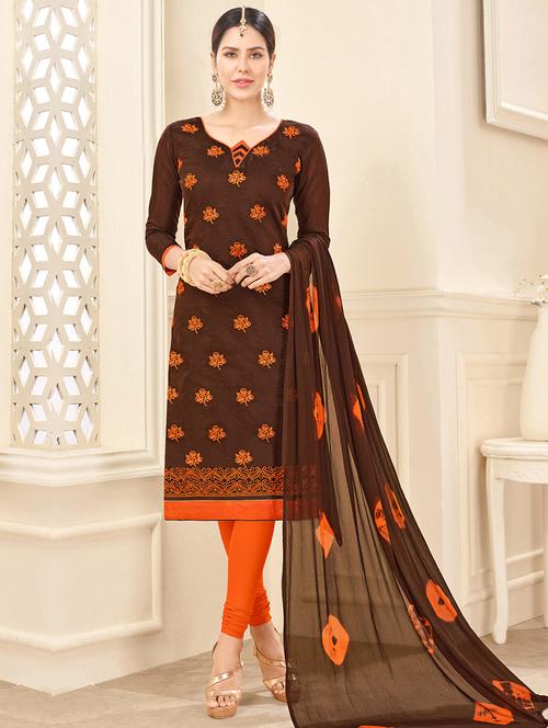 brown chanderi cotton unstitched suit - 14898088 - Very Small Image - 1