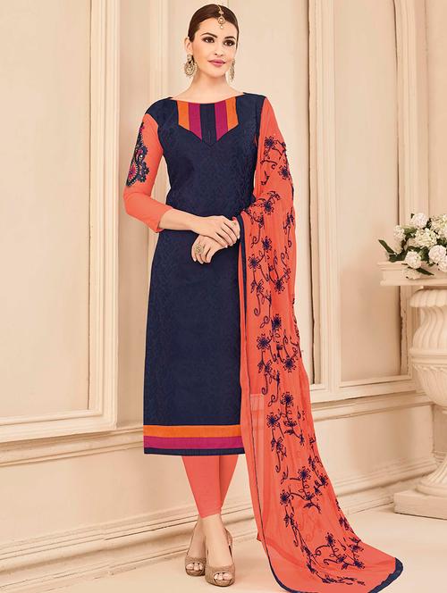 blue cotton unstitched suit - 14898121 - Very Small Image - 1