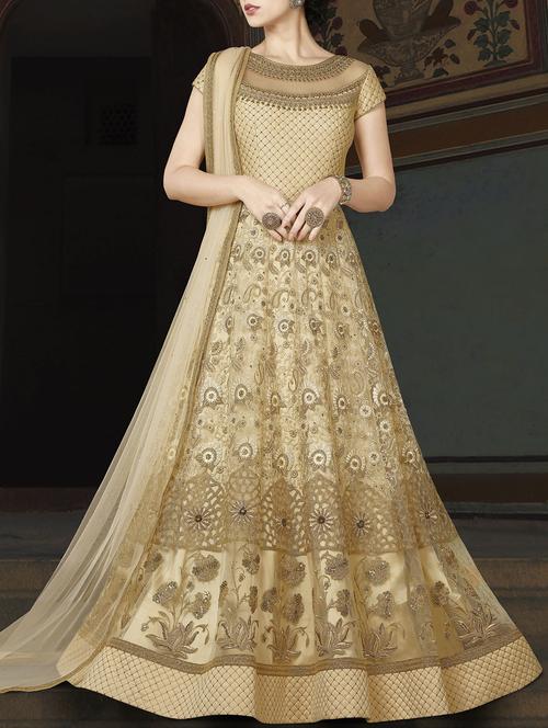 cream embroidered semi-stitched anarkali suit - 14898250 - Very Small Image - 1
