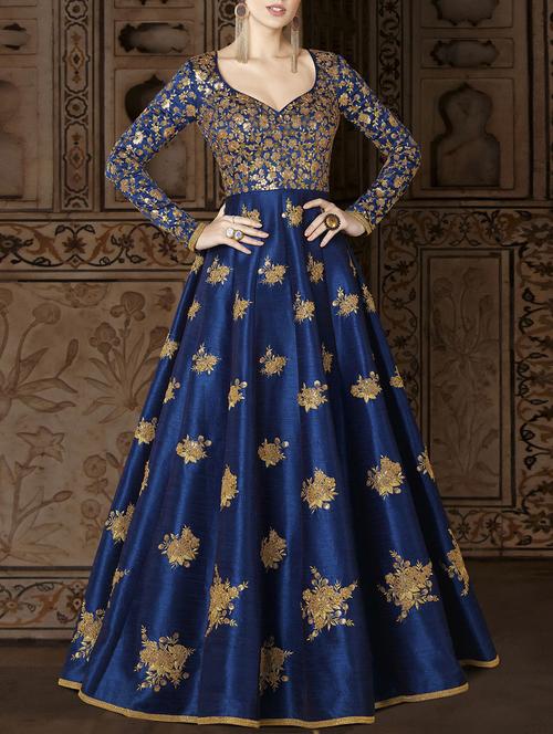 blue embroidered semi-stitched anarkali suit - 14898253 - Very Small Image - 1