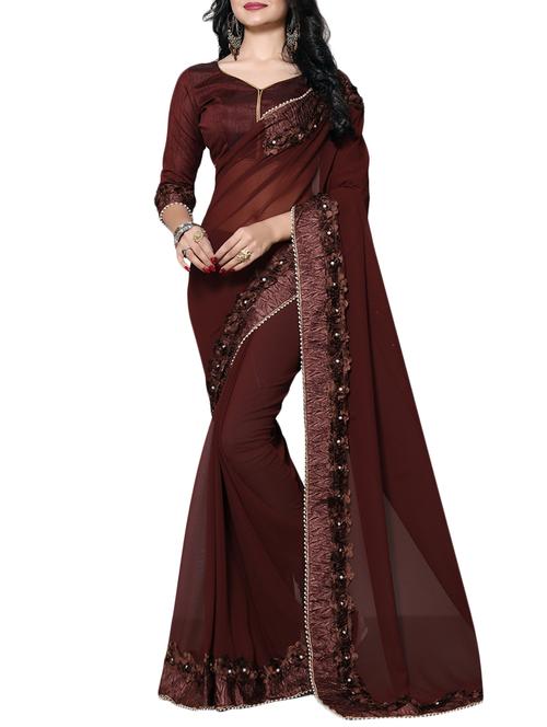 brown georgette bordered saree with blouse - 14898833 - Very Small Image - 1