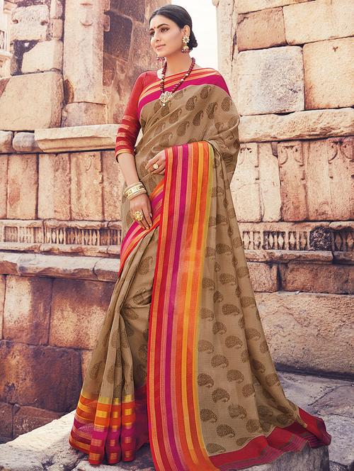 beige kota cotton printed saree with blouse - 14898946 - Very Small Image - 1