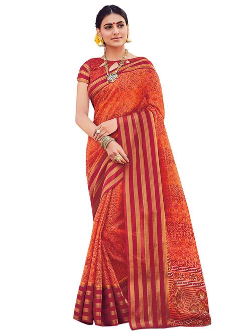 red kota cotton printed saree with blouse - 14898948 - Very Small Image - 1