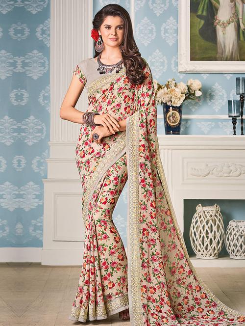 beige printed saree with blouse - 14898958 - Very Small Image - 1