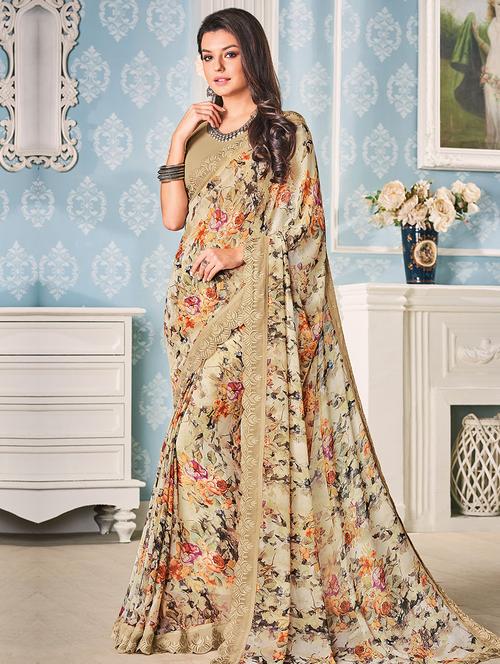 beige georgette printed saree with blouse - 14898962 - Very Small Image - 1