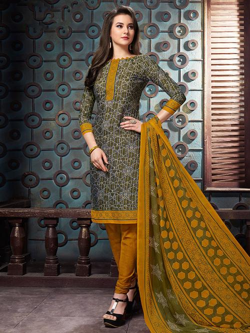 green cotton blend unstitched suit - 14899000 - Very Small Image - 1