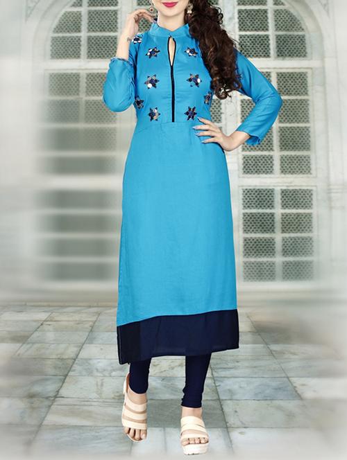 sky blue rayon straight kurta - 14899813 - Very Small Image - 1