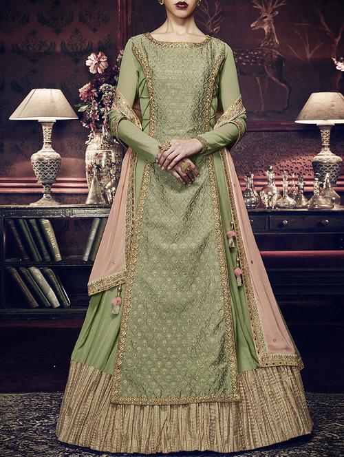 green embroidered semi-stitched anarkali suit - 14900399 - Very Small Image - 1