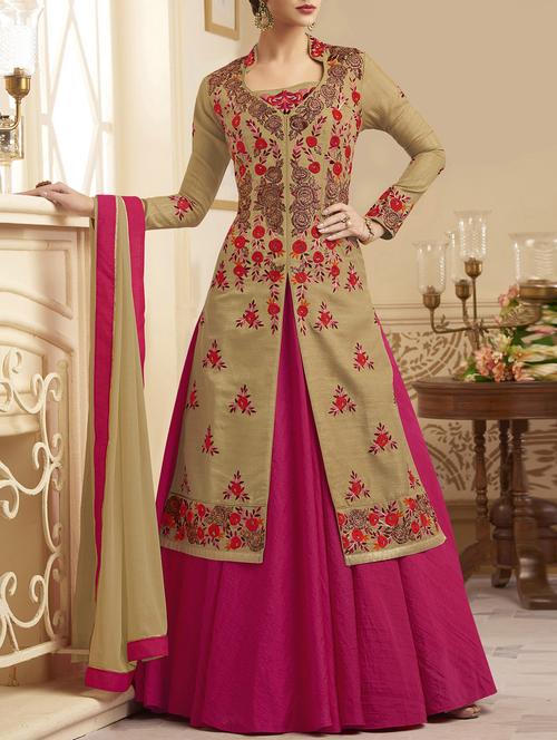 beige embroidered semi-stitched pakistani suit - 14900409 - Very Small Image - 1