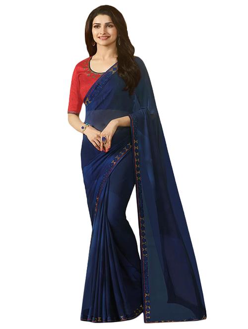 blue georgette printed saree with blouse - 14900834 - Very Small Image - 1