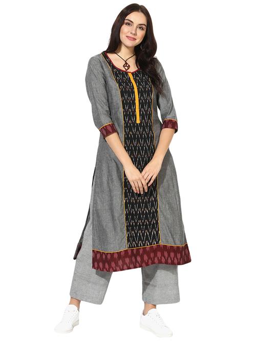 indian dobby grey cotton ikat kurta - 14901715 - Very Small Image - 1