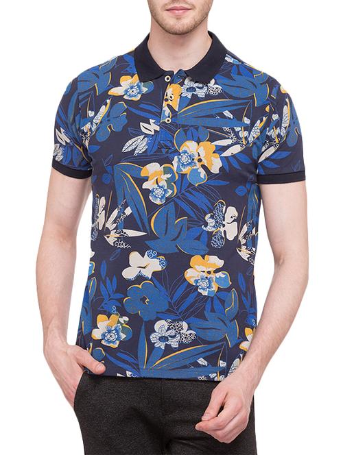 navy blue floral printed polo t-shirt - 14902142 - Very Small Image - 1