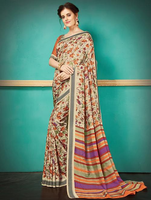 beige silk printed saree with blouse - 14907004 - Very Small Image - 1