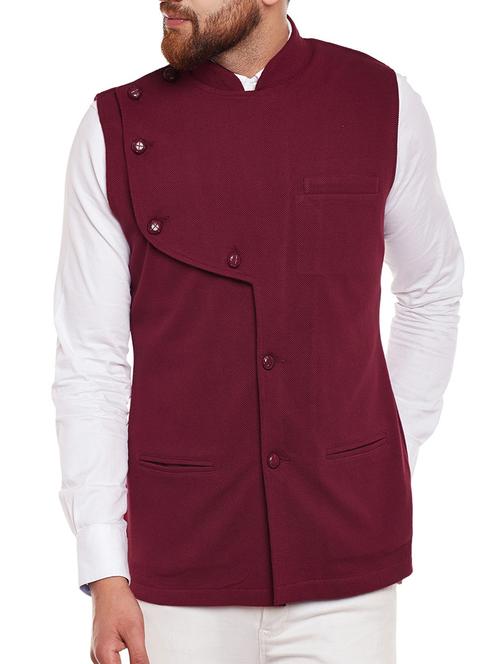 maroon cotton nehru jacket - 14907542 - Very Small Image - 1