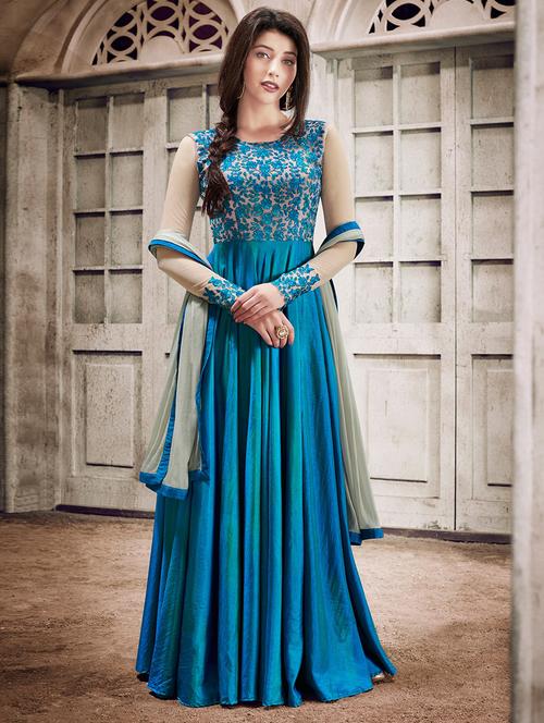 sky blue silk flared suits semistitched suit - 14908027 - Very Small Image - 1