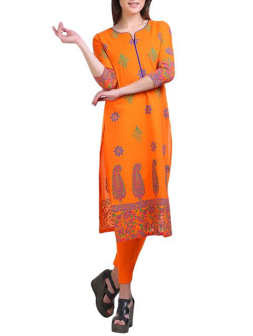 orange cotton straight kurta - 14908577 - Very Small Image - 1