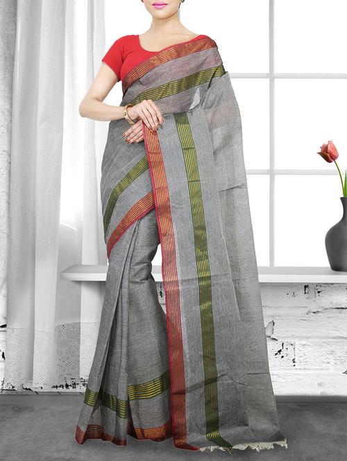 solid bordered tant saree  - 14910200 - Very Small Image - 1