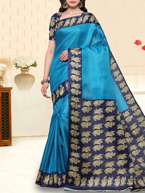 blue silk blend kalamkari printed saree with blouse - 14911953 - Very Small Image - 1