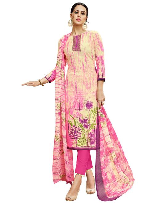 cream cotton unstitched suit - 14913316 - Very Small Image - 1