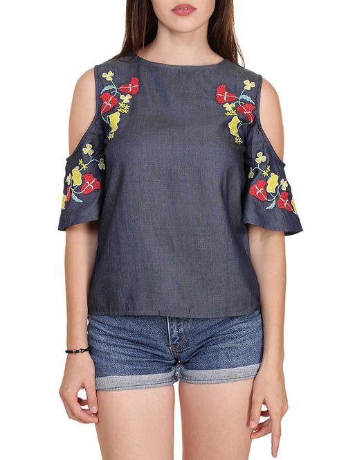 dark blue denim cold shoulder top - 14914789 - Very Small Image - 1