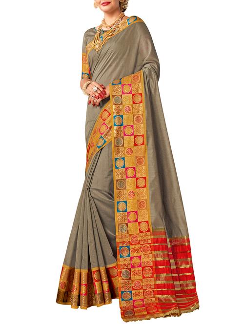 brown cotton silk bordered saree with blouse - 14916264 - Very Small Image - 1