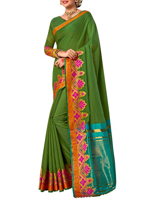 green cotton silk bordered saree with blouse - 14916268 - Very Small Image - 1