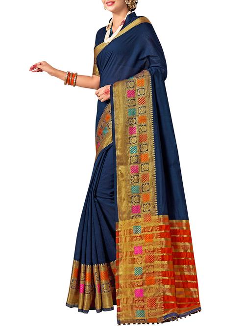 blue cotton silk bordered saree with blouse - 14916270 - Very Small Image - 1
