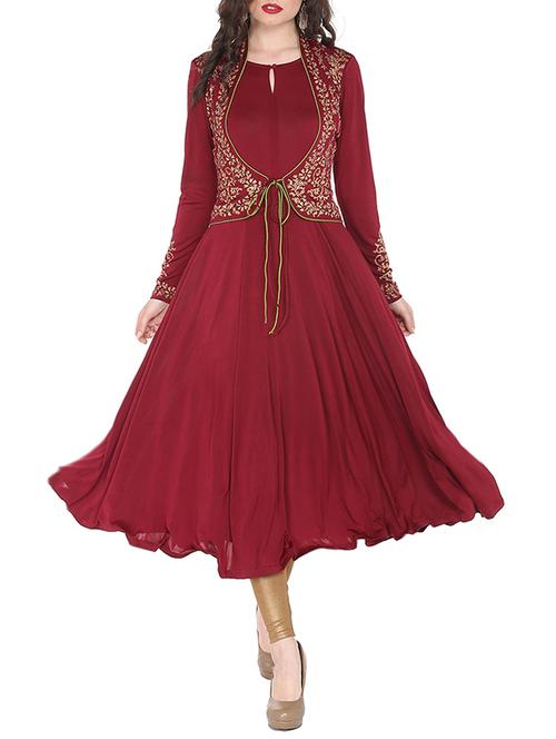 maroon synthetic flared kurta with jaclet - 14920585 - Very Small Image - 1