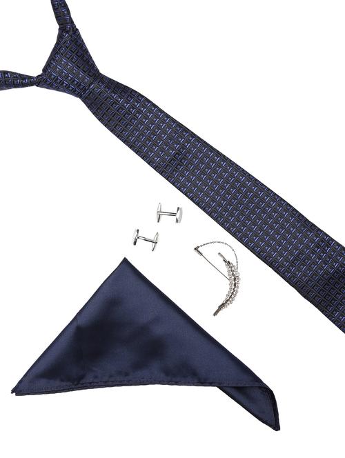 navy blue micro fiber tie with pocket square, cufflinks and brooch - 14921272 - Very Small Image - 1