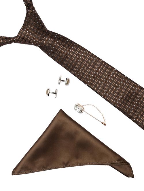 brown micro fiber tie with pocket square, cufflinks and brooch - 14921279 - Very Small Image - 1