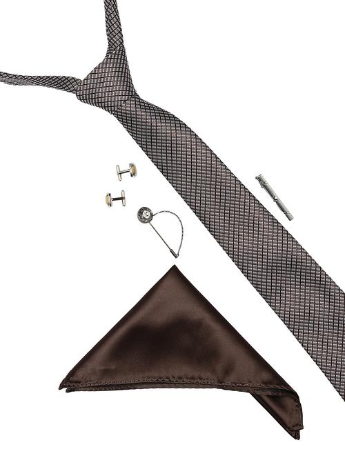 brown micro fiber tie with pocket square, cufflinks and brooch - 14921281 - Very Small Image - 1