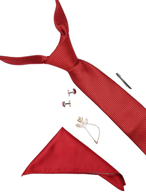 red micro fiber tie with tie pin, pocket square, cufflinks and brooch - 14921285 - Very Small Image - 1