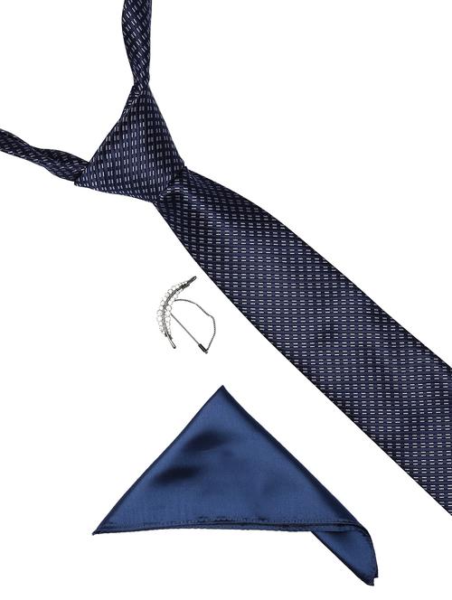 navy blue micro fiber tie with pocket square and brooch - 14921293 - Very Small Image - 1