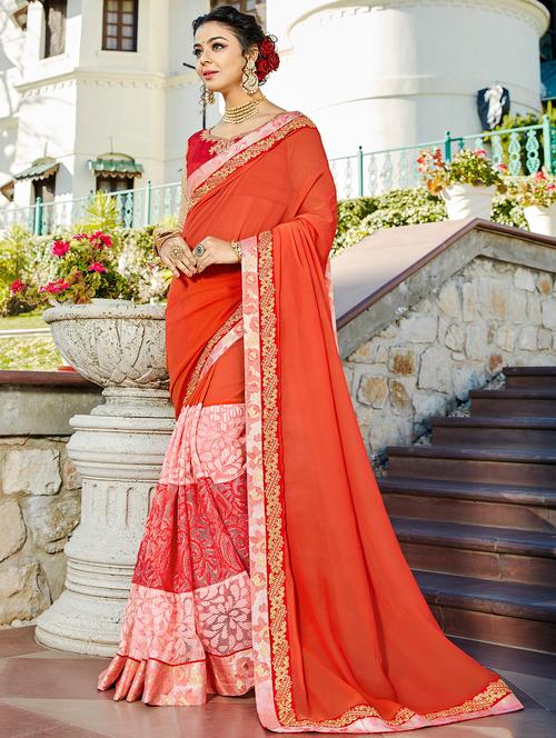 red georgette embroidered saree with blouse - 14922384 - Very Small Image - 1