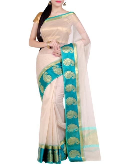 beige cotton blend bordered saree with blouse - 14923240 - Very Small Image - 1