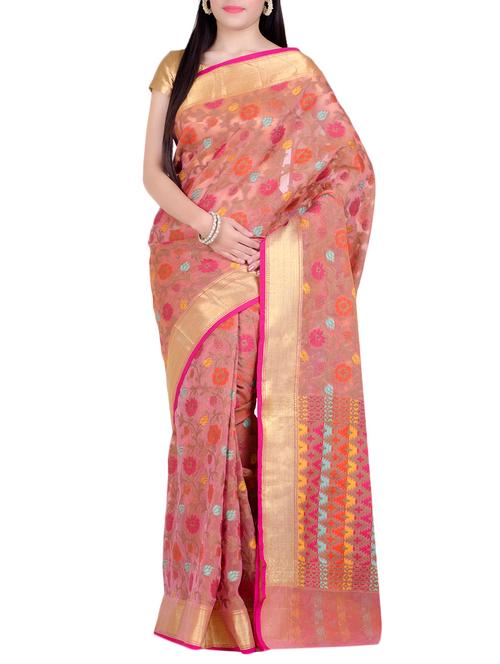 gold border floral woven saree with blouse - 14923262 - Very Small Image - 1