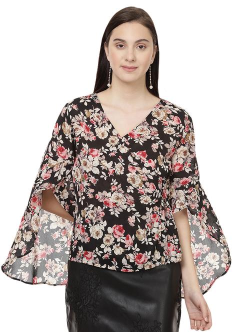 flared sleeved floral wrap top - 14923848 - Very Small Image - 1
