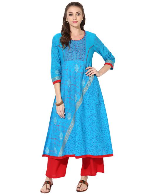 blue cotton flared kurta - 14929036 - Very Small Image - 1