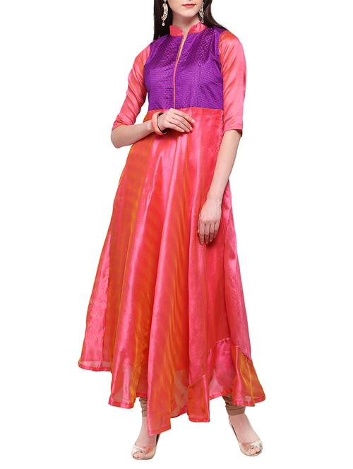 pink silk blend flared kurta - 14931302 - Very Small Image - 1