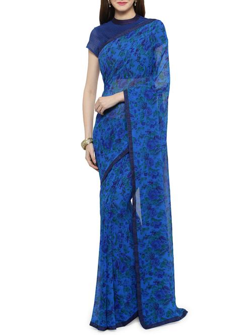 blue georgette printed saree with blouse - 14934827 - Very Small Image - 1