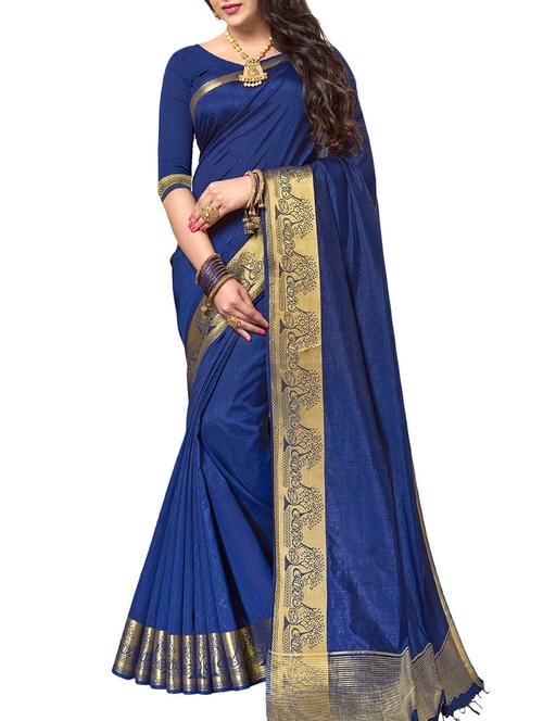 blue cotton silk bordered saree with blouse - 14934935 - Very Small Image - 1