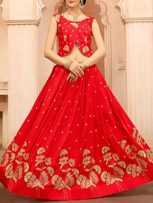 red silk flared lehenga - 14935300 - Very Small Image - 1