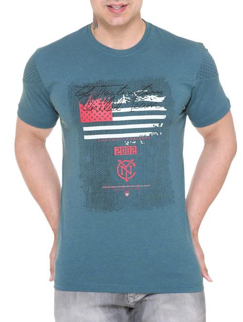 blue cotton chest print t-shirt - 14936782 - Very Small Image - 1