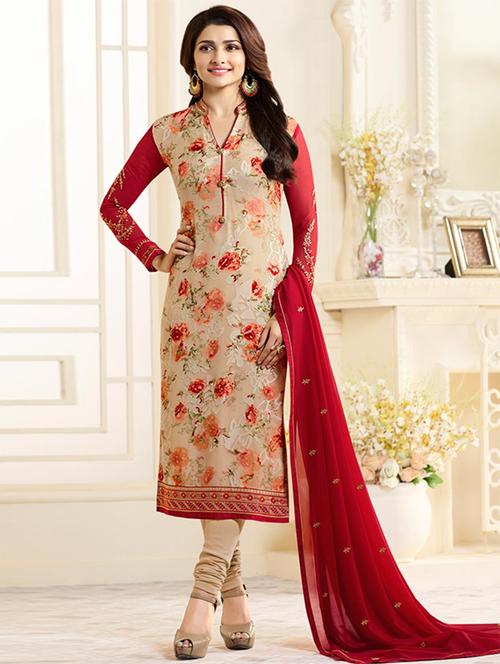 red georgette unstitched suit - 14942692 - Very Small Image - 1
