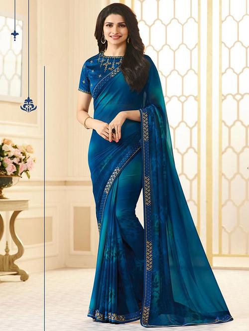 blue georgette bordered saree with blouse - 14946576 - Very Small Image - 1