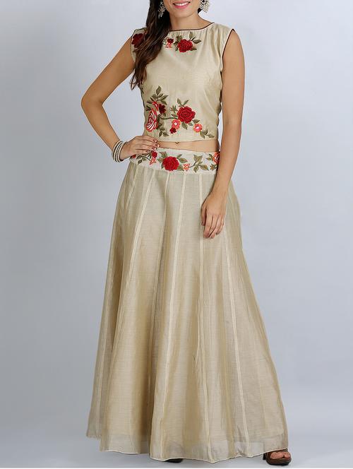 beige chanderi silk skirt top set - 14950359 - Very Small Image - 1