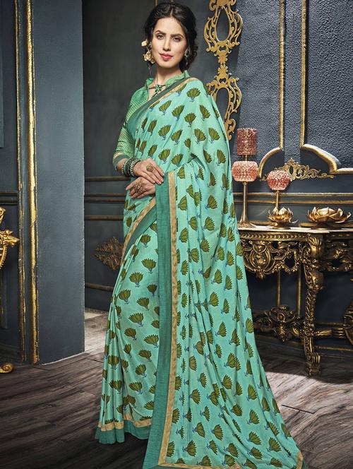 green printed saree - 14950409 - Very Small Image - 1