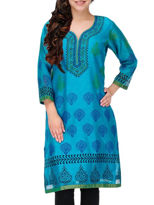 arabian nights blue cotton  hand block printed kurta - 14950538 - Very Small Image - 1