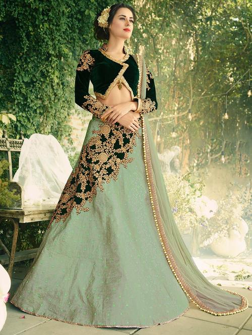 green velvet flared lehenga - 14951094 - Very Small Image - 1
