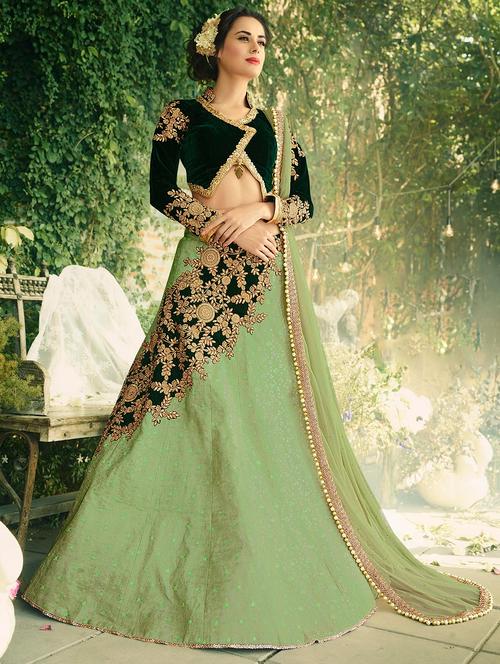 green velvet flared lehenga - 14951095 - Very Small Image - 1
